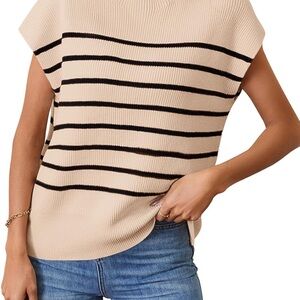Women's Sleeveless Mock Neck Striped Cap Sleeve Ribbed Knit Pullover Top size L